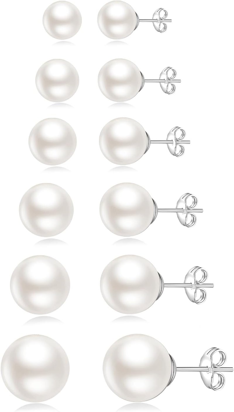 Senteria 925 Sterling Silver Pearl Earrings Studs Set Hypoallergenic Small Stud Earrings Lightweight Shiny Earrings Studs for Women 6 Pairs 3-10MM - Image 1